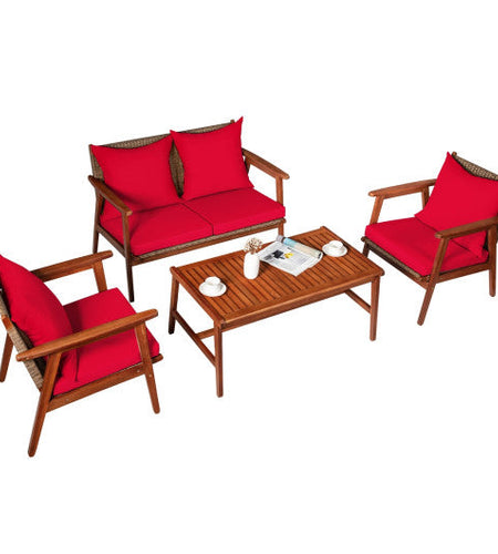 4 Piece  Acacia Wood Patio Rattan Furniture Set-Red