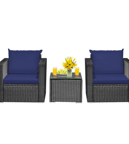 3 Pieces Patio Wicker Conversation Set with Cushion-Navy