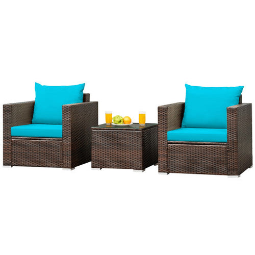 Load image into Gallery viewer, 3 Pcs Patio Conversation Rattan Furniture Set with Cushion-Turquoise
