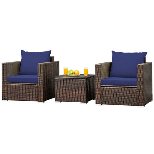 Load image into Gallery viewer, 3 Pcs Patio Conversation Rattan Furniture Set with Cushion-Blue
