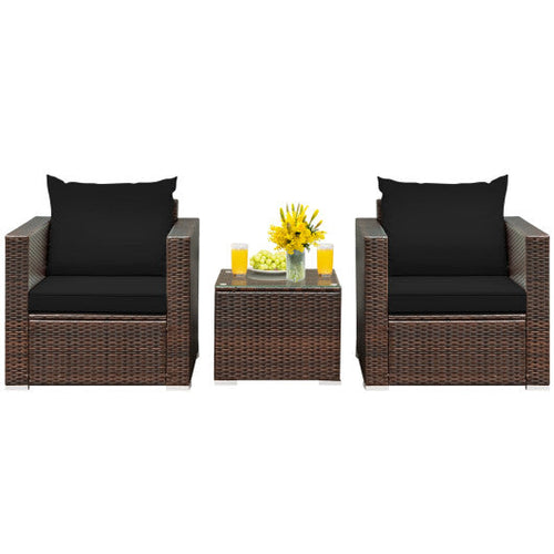 Load image into Gallery viewer, 3 Pcs Patio Conversation Rattan Furniture Set with Cushion-Black
