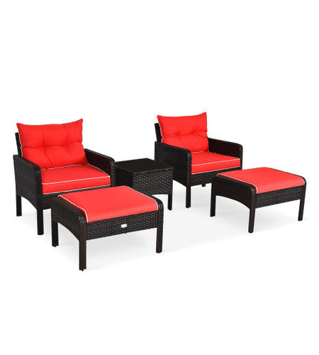5 Pieces Patio Rattan Sofa Ottoman Furniture Set with Cushions-Red