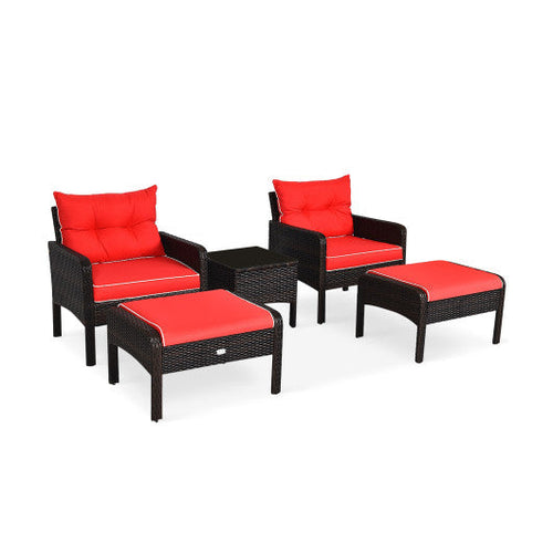 Load image into Gallery viewer, 5 Pieces Patio Rattan Sofa Ottoman Furniture Set with Cushions-Red
