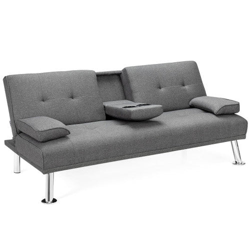 Load image into Gallery viewer, Convertible Folding Futon Sofa Bed Fabric with 2 Cup Holders-Light Gray
