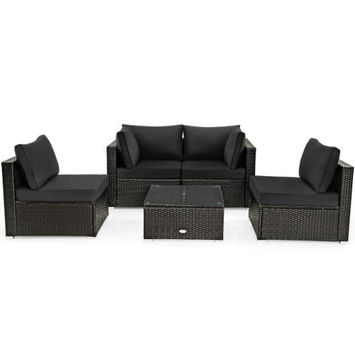 Load image into Gallery viewer, 5 Pieces Cushioned Patio Rattan Furniture Set with Glass Table-Black
