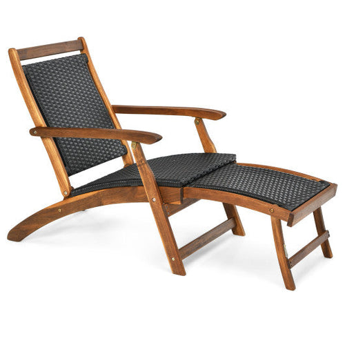 Load image into Gallery viewer, Patio Rattan Folding Lounge Chair with Acacia Wooden Frame Retractable Footrest
