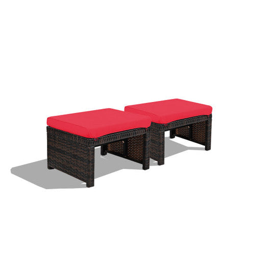Load image into Gallery viewer, 2 Pieces Patio Rattan Ottomans with Soft Cushion for Patio and Garden-Red
