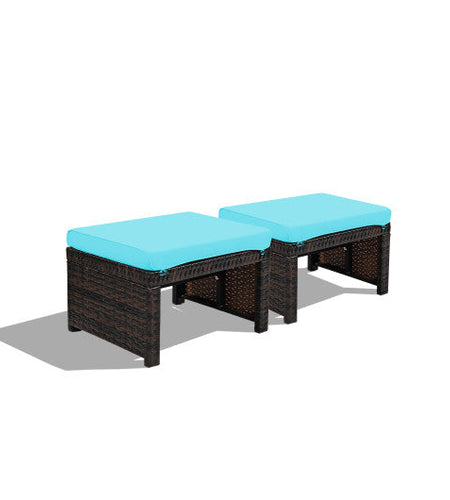2 Pieces Patio Rattan Ottomans with Soft Cushion for Patio and Garden-Turquoise