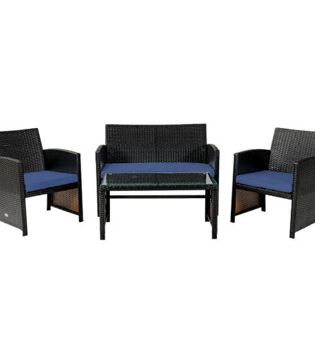 4Pcs Patio Rattan Cushioned Furniture Set-Navy