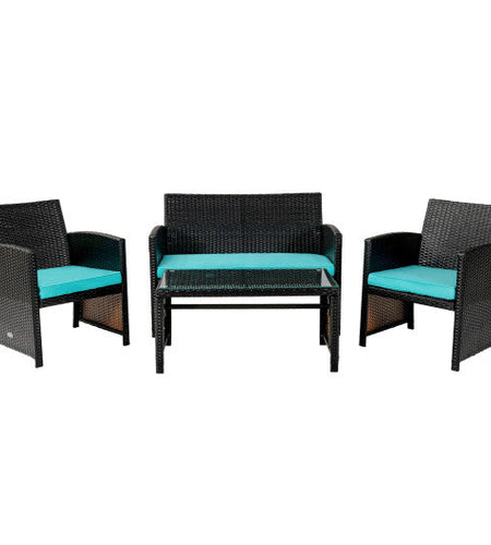 4 Pieces Patio Rattan Cushioned Furniture Set-Turquoise