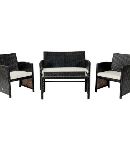 4 Pieces Patio Rattan Cushioned Furniture Set with Coffee Table-White