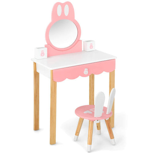 Load image into Gallery viewer, Kids Vanity Set Rabbit Makeup Dressing Table Chair Set with Mirror and Drawer-White
