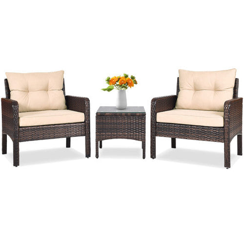 Load image into Gallery viewer, 3 Pieces Outdoor Patio Rattan Conversation Set with Seat Cushions-Beige
