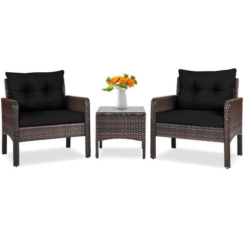 Load image into Gallery viewer, 3 Pcs Outdoor Patio Rattan Conversation Set with Seat Cushions-Black
