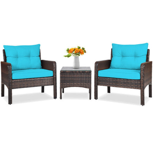 Load image into Gallery viewer, 3 Pcs Outdoor Patio Rattan Conversation Set with Seat Cushions-Turquoise
