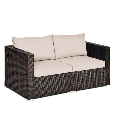 2 Pieces Patio Rattan Sectional Conversation Sofa Set-Beige