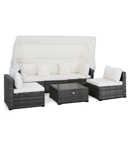 6 Pieces Patio Rattan Furniture Set with Retractable Canopy