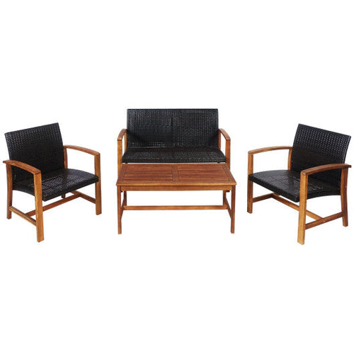 Load image into Gallery viewer, 4 Pieces PE Rattan Patio Furniture Set with Solid Acacia Wood
