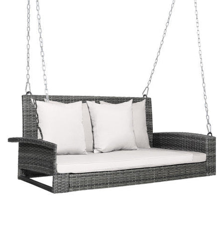 2-Person Patio PE Wicker Hanging Porch Swing Bench Chair Cushion 800 Pounds-White