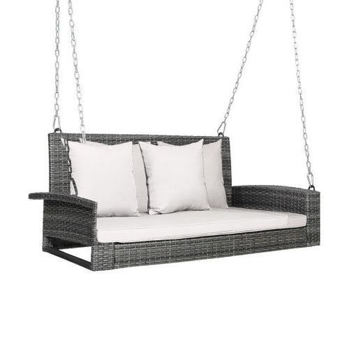 Load image into Gallery viewer, 2-Person Patio PE Wicker Hanging Porch Swing Bench Chair Cushion 800 Pounds-White
