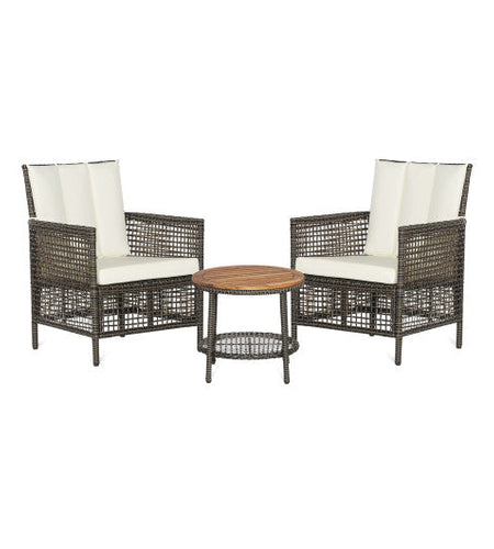 3 Pieces Patio Rattan Furniture Set with Cushioned Sofas and Wood Table Top-White