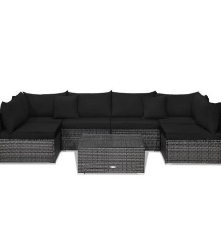 7 Pieces Patio Rattan Furniture Set with Sectional Sofa Cushioned-Black