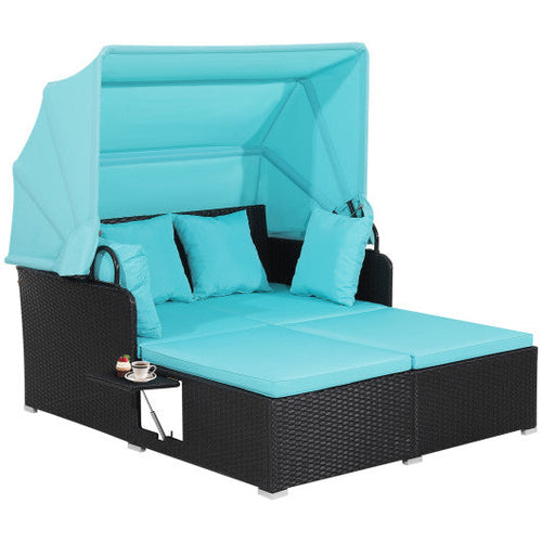 Load image into Gallery viewer, Patio Rattan Daybed with Retractable Canopy and Side Tables-Turquoise
