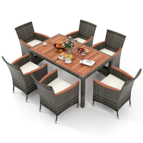 Load image into Gallery viewer, 7 Pieces Patio Acacia Wood Cushioned PE Rattan Wicker Dining Set
