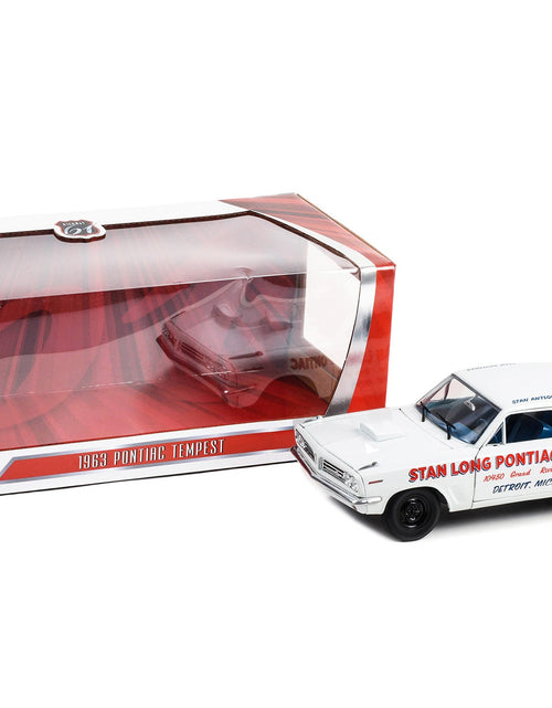 Load image into Gallery viewer, 1963 Pontiac Tempest White with Blue Interior "Stan Long Pontiac Detroit Michigan - World's Fastest Tempest" Driven by Stan Antlocer 1/18 Diecast Model Car by Highway 61
