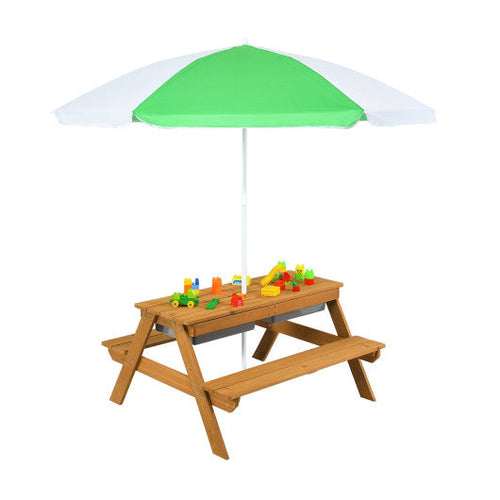 Load image into Gallery viewer, 3-in-1 Kids Outdoor Picnic Water Sand Table with Umbrella Play Boxes-Green
