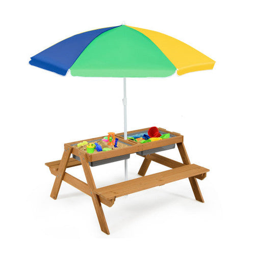 Load image into Gallery viewer, 3-in-1 Kids Outdoor Picnic Water Sand Table with Umbrella Play Boxes-Yellow
