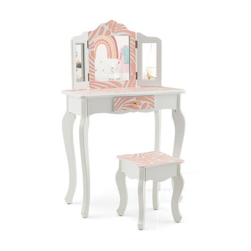 Load image into Gallery viewer, 2-in-1 Kids Vanity Table Set with Tri-folding Mirror-Pink
