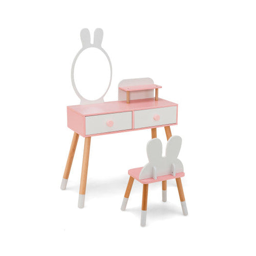 Load image into Gallery viewer, Kids Vanity Table and Chair Set with Drawer Shelf and Rabbit Mirror-White
