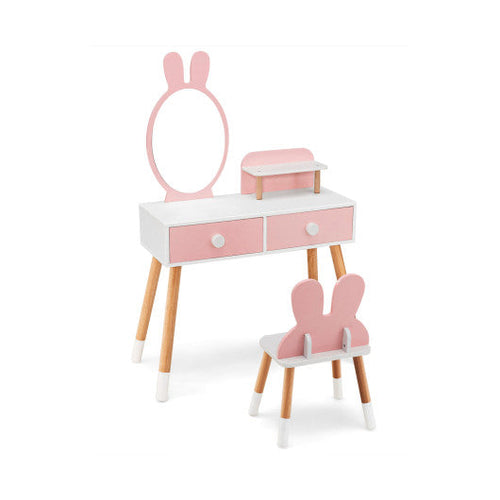 Load image into Gallery viewer, Kids Vanity Table and Chair Set with Drawer Shelf and Rabbit Mirror-Pink
