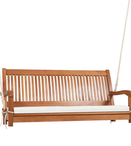 2-Person Hanging Porch Swing Wood Bench with Cushion Curved Back