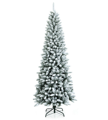 Snow-Flocked Hinged Artificial Christmas Pencil Tree with Mixed Tips-7.5 ft