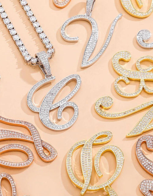 Load image into Gallery viewer, Iced Out Cursive Letters Pendant Necklace by Bling Proud | Urban Jewelry Online Store
