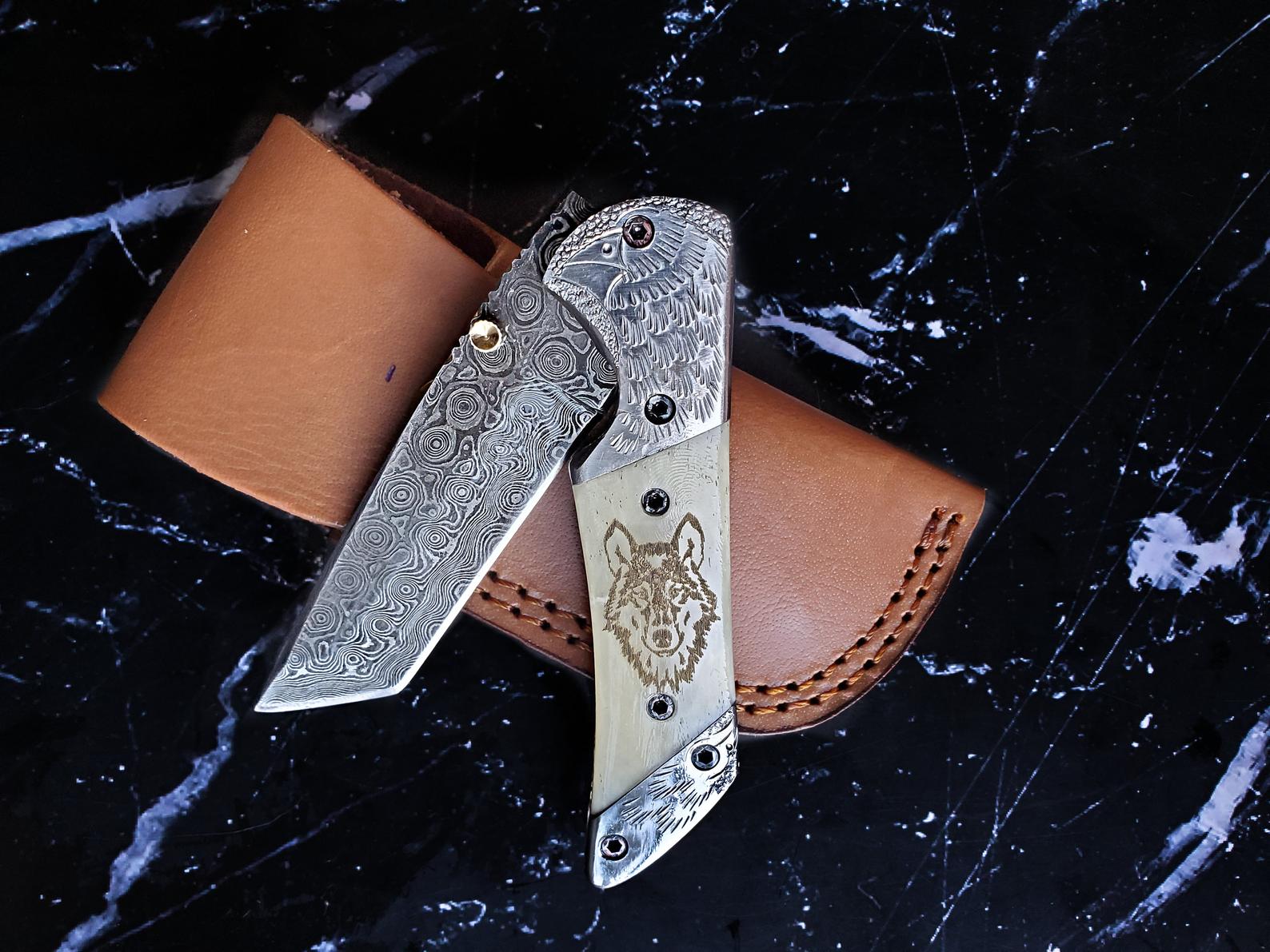 Titan American Eagle - Raindrop Damascus folding blade/ EDC/ Eagle engraved Steel Bolster / Engraved Wolf on Bone by Titan International Knives
