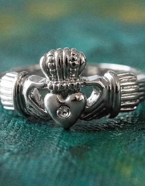 Load image into Gallery viewer, Antique Dainty Claddagh Ring Clear Swarovski Crystal 18k Irish Gold Womans Jewelry Claddagh Rings R3443 by PVD Vintage Jewelry
