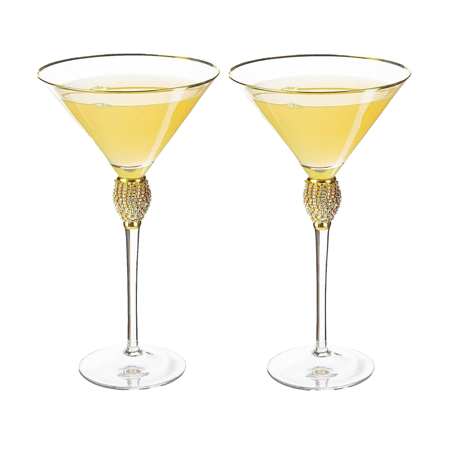 Diamond Collection 2 Piece Stemmed Martini Set - Rhinestone For Drinking Martinis, Manhattans, Vodka, Gin, Cocktails Gold Accent Cocktail Glasses, Perfect For Any Bar or Party 10oz - Swarovski Style by The Wine Savant