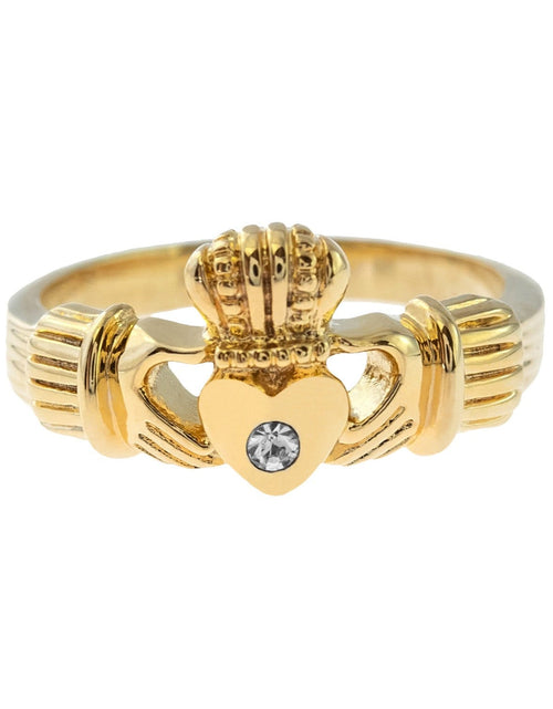 Load image into Gallery viewer, Antique Dainty Claddagh Ring Clear Swarovski Crystal 18k Irish Gold Womans Jewelry Claddagh Rings R3443 by PVD Vintage Jewelry
