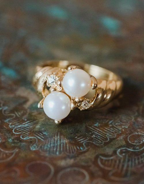 Load image into Gallery viewer, Vintage Ring Black and White Pearl with Crystal Ring 18k Gold Antique Womans Jewlery Handmade Size Rings R3326 by PVD Vintage Jewelry
