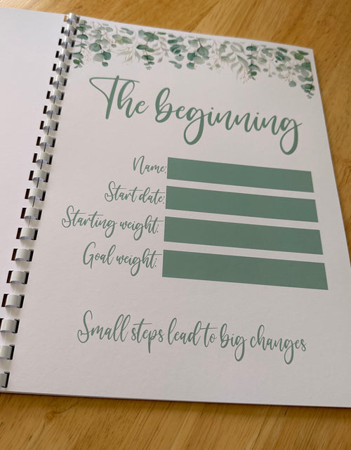 Load image into Gallery viewer, Binded Eucalyptus Leaf Weight Loss &amp; Diet Tracker Journal A4 Diary - Up To 1 Year Measurements Goals Weigh Ins + Lots MORE! by WinsterCreations™ Official Store
