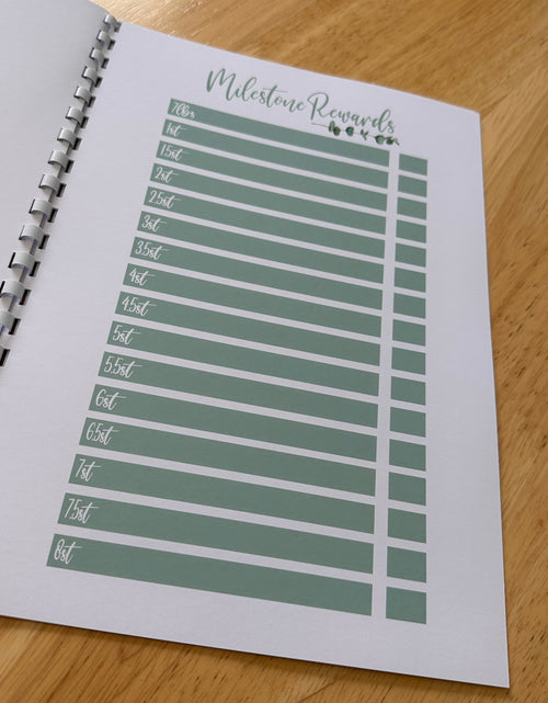 Load image into Gallery viewer, Binded Eucalyptus Leaf Weight Loss &amp; Diet Tracker Journal A4 Diary - Up To 1 Year Measurements Goals Weigh Ins + Lots MORE! by WinsterCreations™ Official Store
