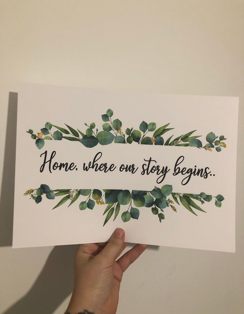 Load image into Gallery viewer, Home,Where Our Story Begins Green Eucalyptus Floral Landscaped Wall Decor Print by WinsterCreations™ Official Store
