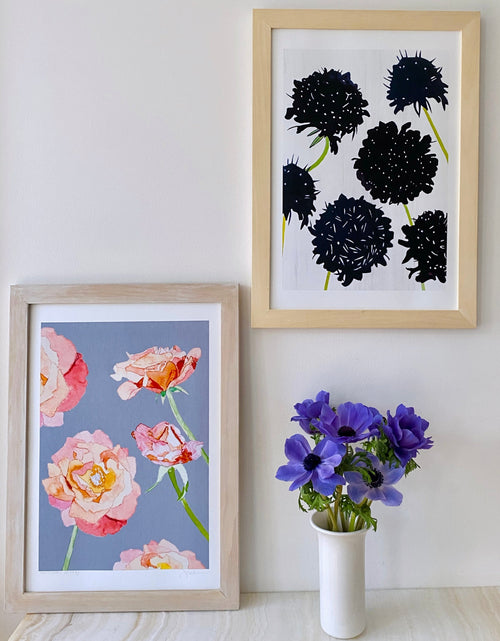 Load image into Gallery viewer, Art Print:  Black Scabiosa on Snow by India &amp; Purry
