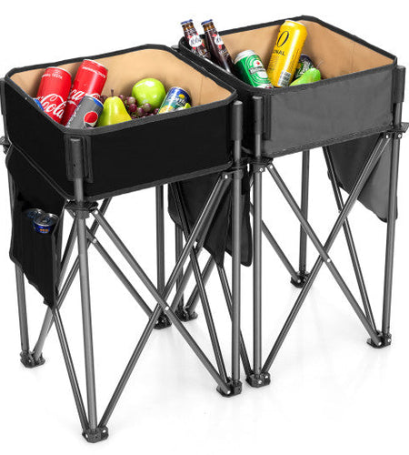 2 Pieces Folding Camping Tables with Large Capacity Storage Sink for Picnic-Black
