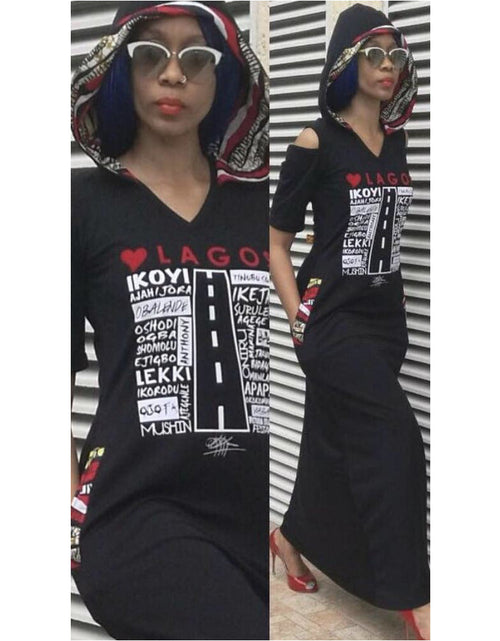 Load image into Gallery viewer, MAXI LOVE LAGOS HOODED DRESS, ANKARA DETAIL by KIKIKAMANUInc
