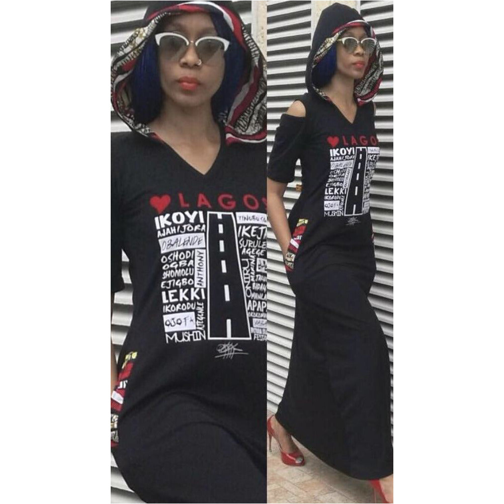 MAXI LOVE LAGOS HOODED DRESS, ANKARA DETAIL by KIKIKAMANUInc