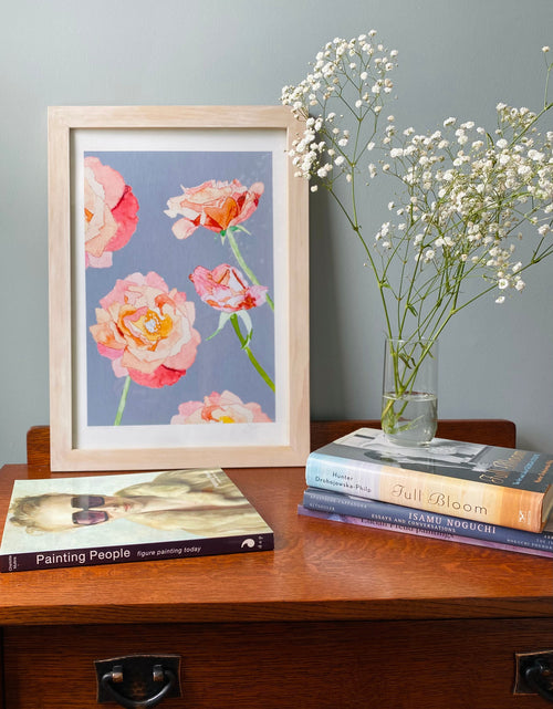 Load image into Gallery viewer, Art Print:  Peach Roses on Grey by India &amp; Purry
